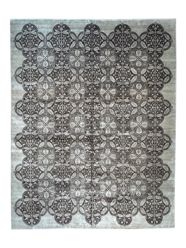 Noir Fleur – Charcoal &amp; Ivory Grey Floral Geometric Style Rug | 11’9” × 15’1”