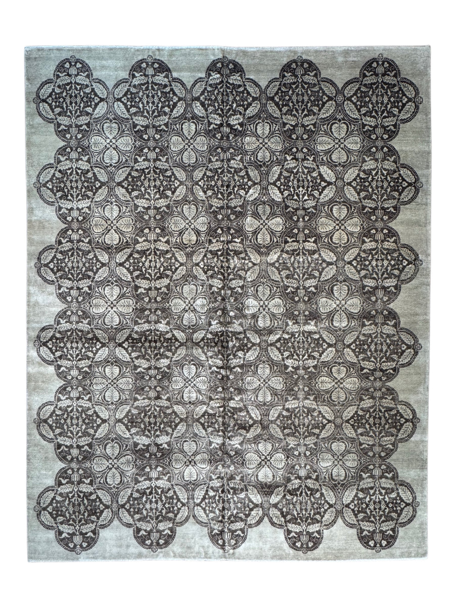 Noir Fleur – Charcoal & Ivory Grey Floral Geometric Style Rug | 11’9” × 15’1”