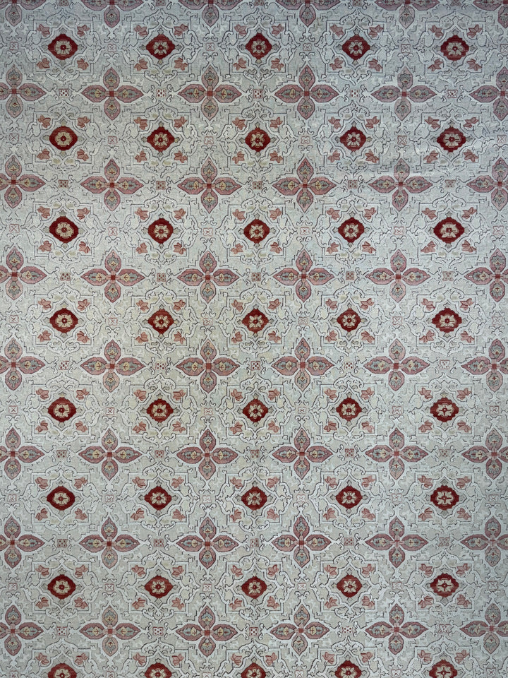 Roselle Mosaic – Ivory, Dusty Rose &amp; Burgundy Geometric Floral Rug | 12’0” × 16’0”
