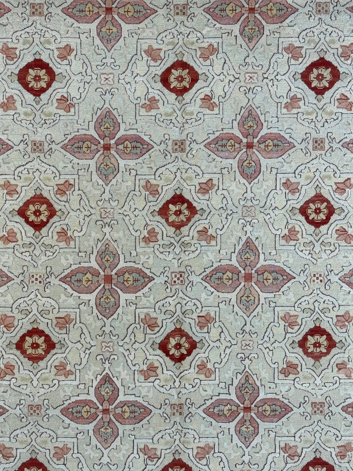 Roselle Mosaic – Ivory, Dusty Rose &amp; Burgundy Geometric Floral Rug | 12’0” × 16’0”