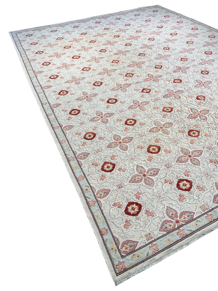 Roselle Mosaic – Ivory, Dusty Rose &amp; Burgundy Geometric Floral Rug | 12’0” × 16’0”