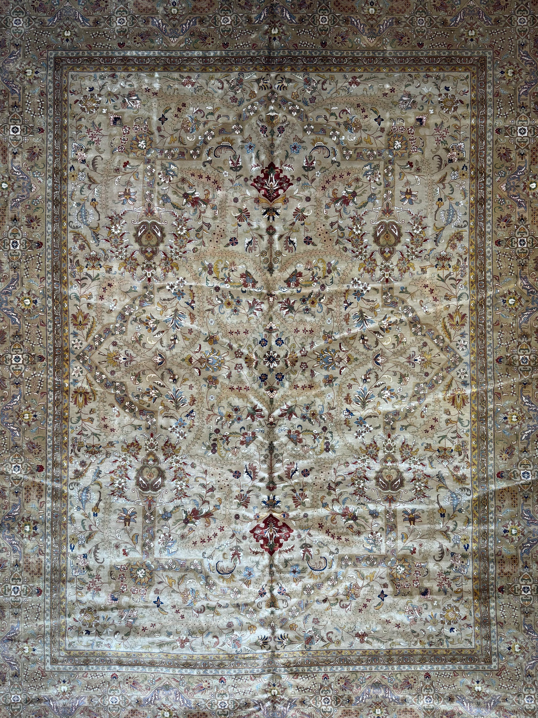 Bellmont Heritage – Beige, Olive &amp; Burgundy Tabriz Style Rug | 11’9” × 14’11”