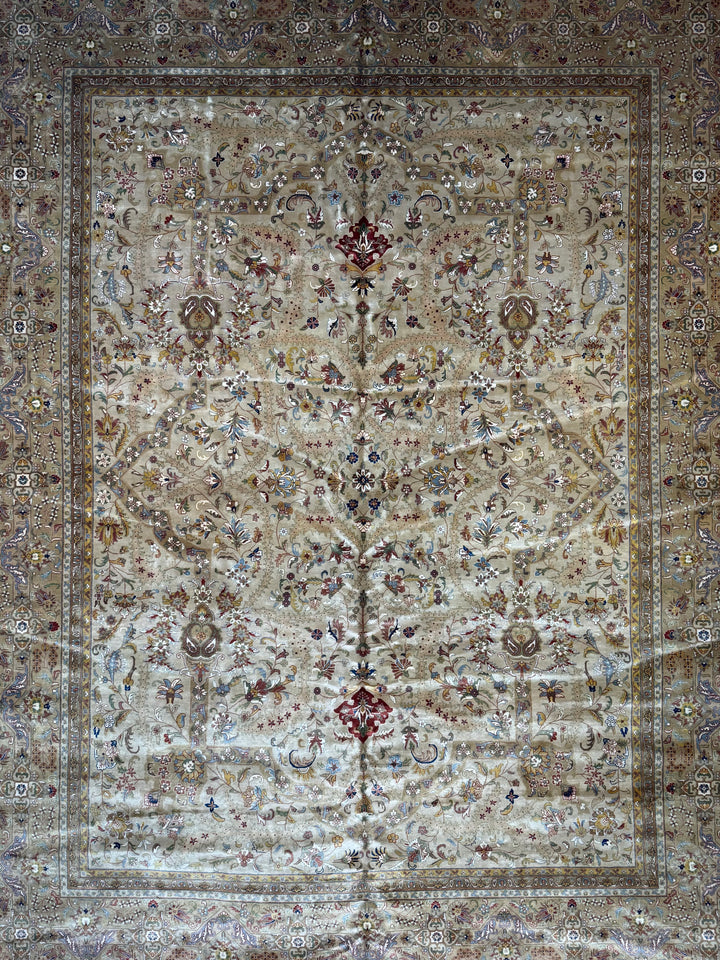 Bellmont Heritage – Beige, Olive &amp; Burgundy Tabriz Style Rug | 11’9” × 14’11”