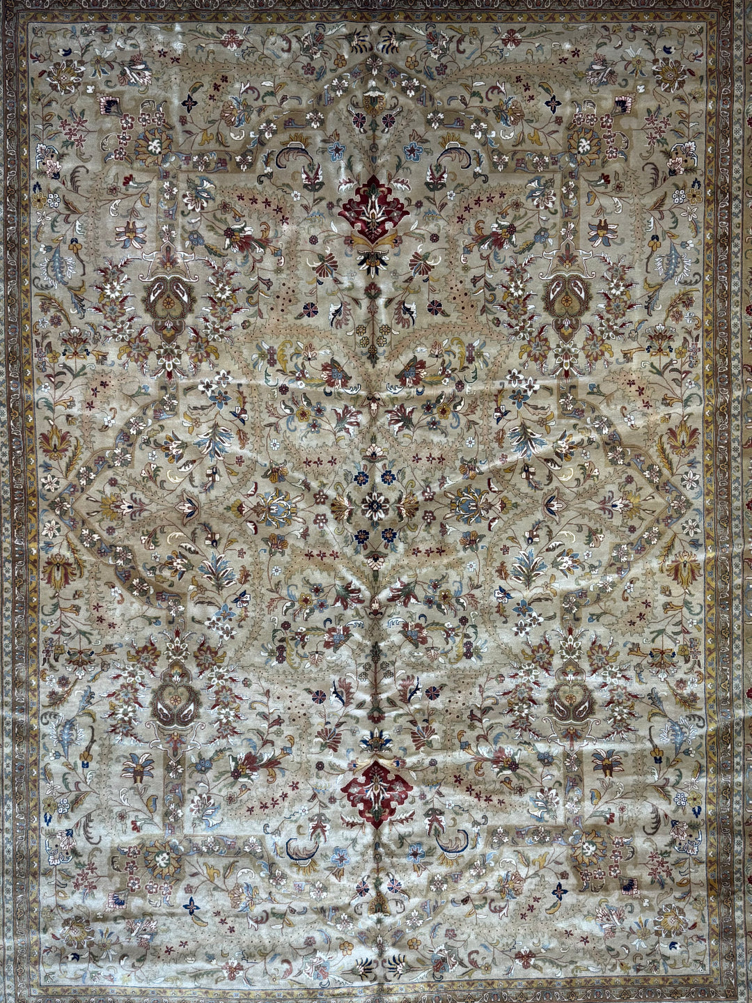 Bellmont Heritage – Beige, Olive &amp; Burgundy Tabriz Style Rug | 11’9” × 14’11”