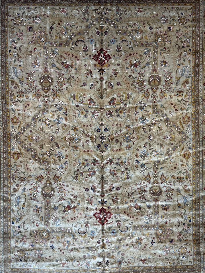 Bellmont Heritage – Beige, Olive &amp; Burgundy Tabriz Style Rug | 11’9” × 14’11”