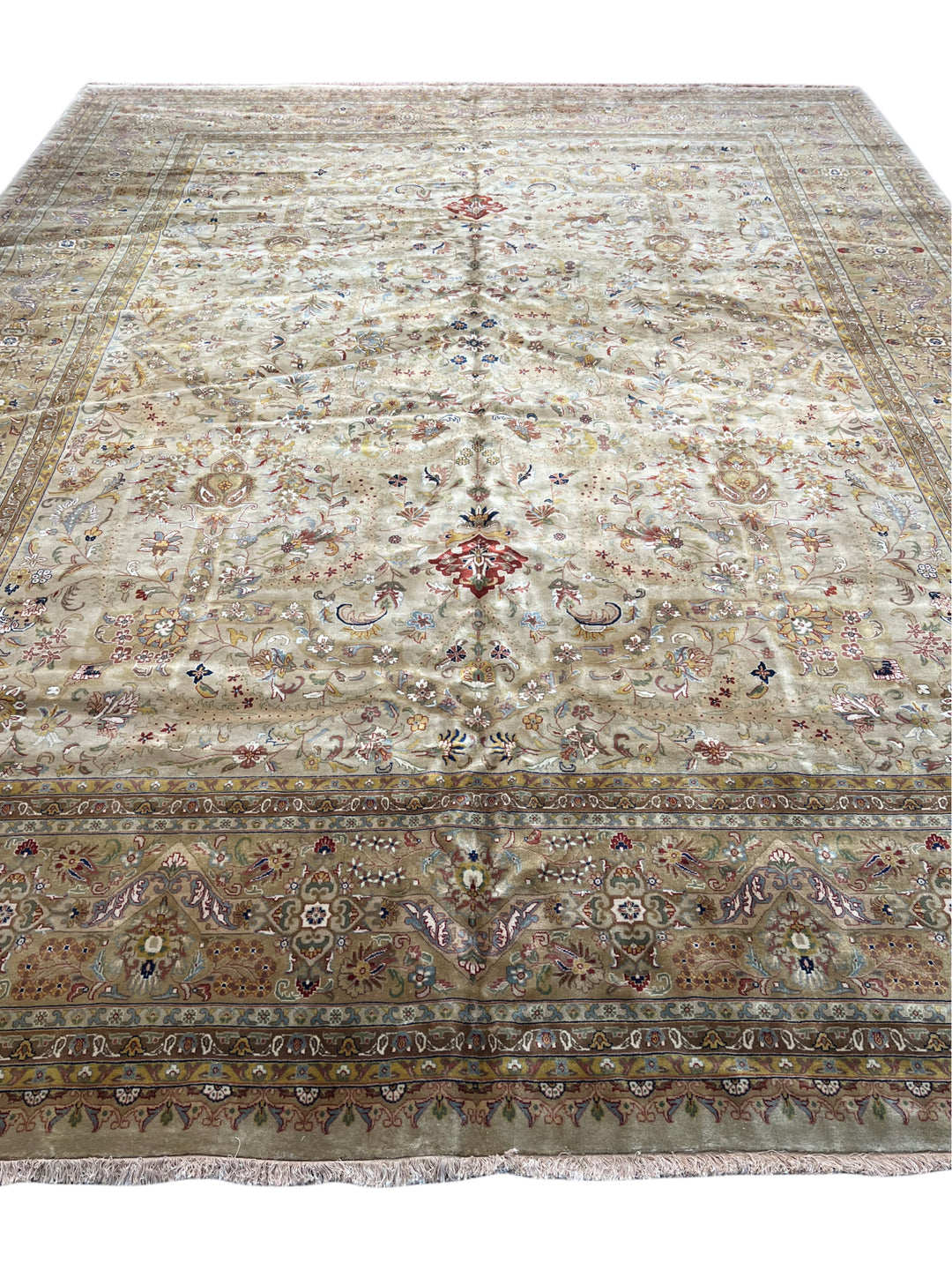 Bellmont Heritage – Beige, Olive &amp; Burgundy Tabriz Style Rug | 11’9” × 14’11”