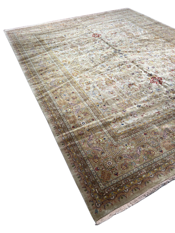 Bellmont Heritage – Beige, Olive &amp; Burgundy Tabriz Style Rug | 11’9” × 14’11”