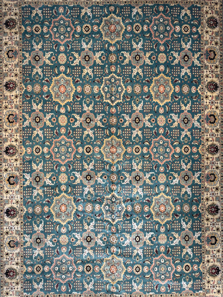 Aldermere – Deep Teal &amp; Ivory Traditional Agra Style Rug | 11’10” × 17’8”