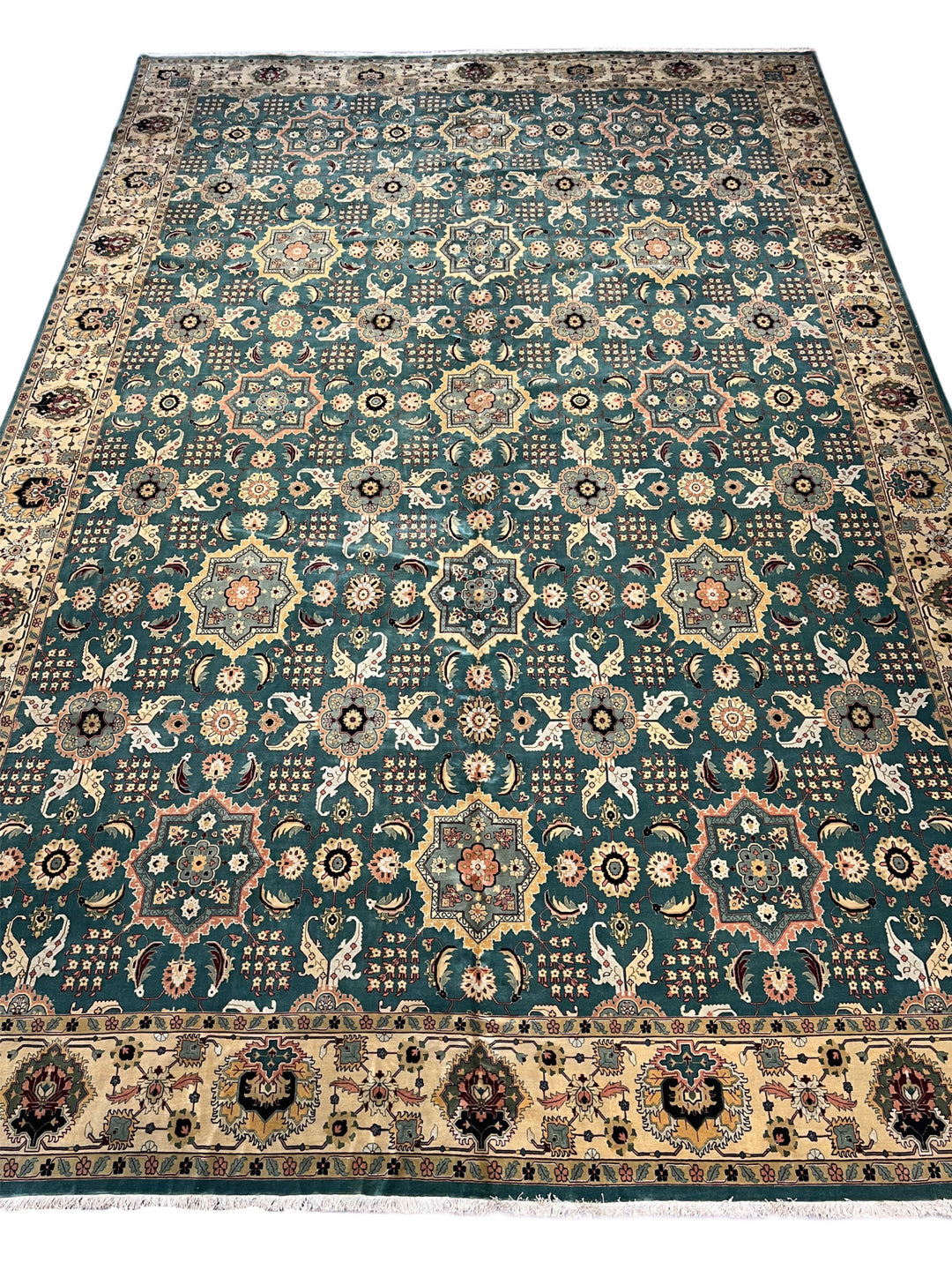 Aldermere – Deep Teal &amp; Ivory Traditional Agra Style Rug | 11’10” × 17’8”