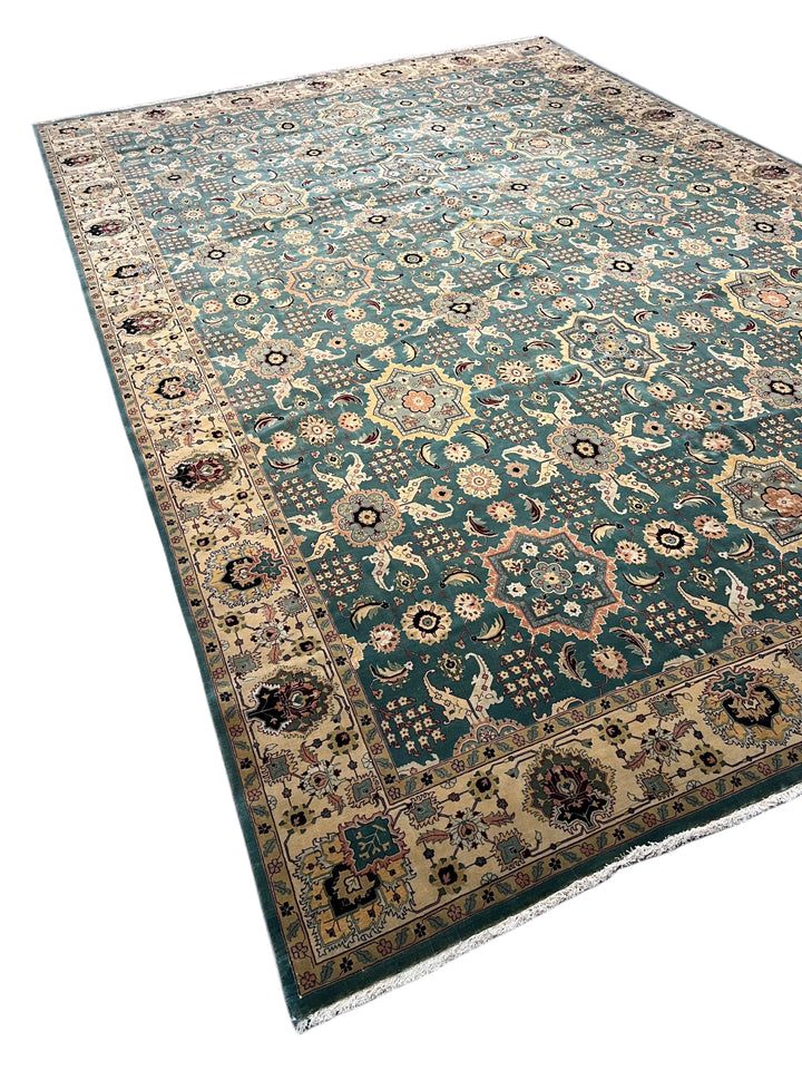 Aldermere – Deep Teal &amp; Ivory Traditional Agra Style Rug | 11’10” × 17’8”