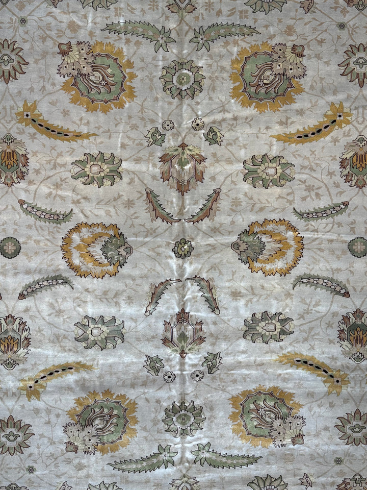 Sage Marigold – Ivory, Sage &amp; Gold Agra Style Floral Rug | 12’4” × 17’8”