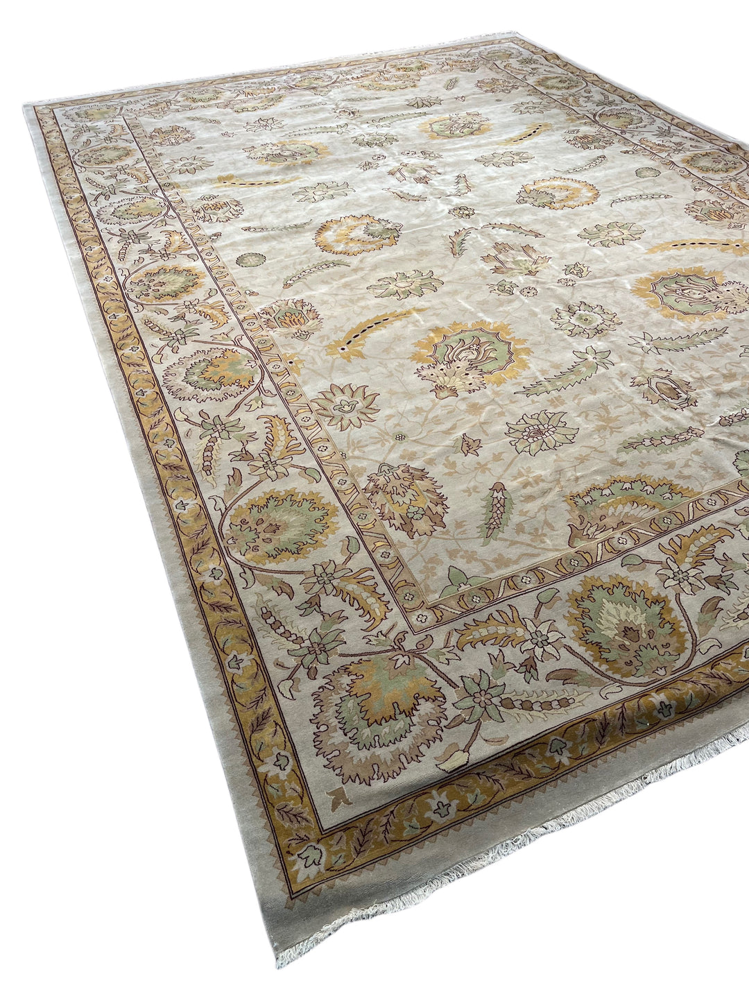 Sage Marigold – Ivory, Sage &amp; Gold Agra Style Floral Rug | 12’4” × 17’8”