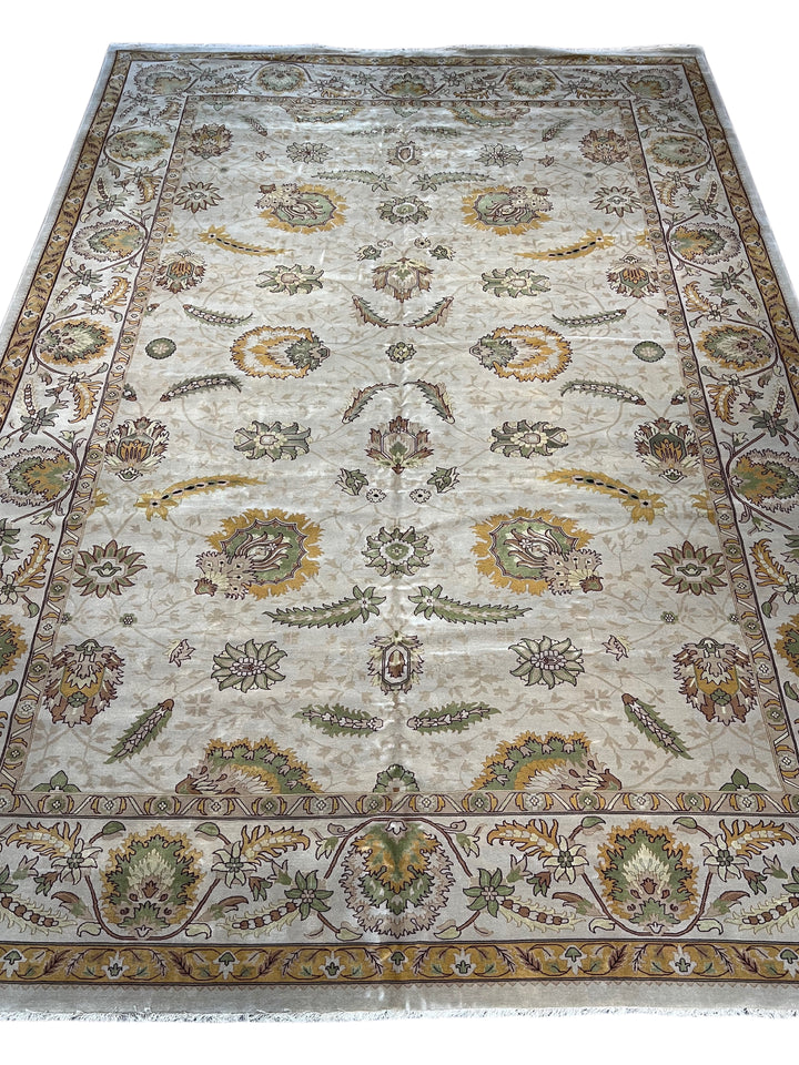 Sage Marigold – Ivory, Sage &amp; Gold Agra Style Floral Rug | 12’4” × 17’8”