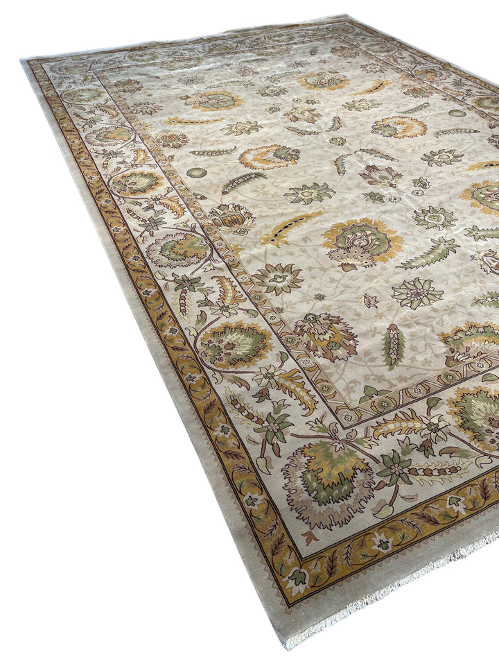 Sage Marigold – Ivory, Sage &amp; Gold Agra Style Floral Rug | 12’4” × 17’8”