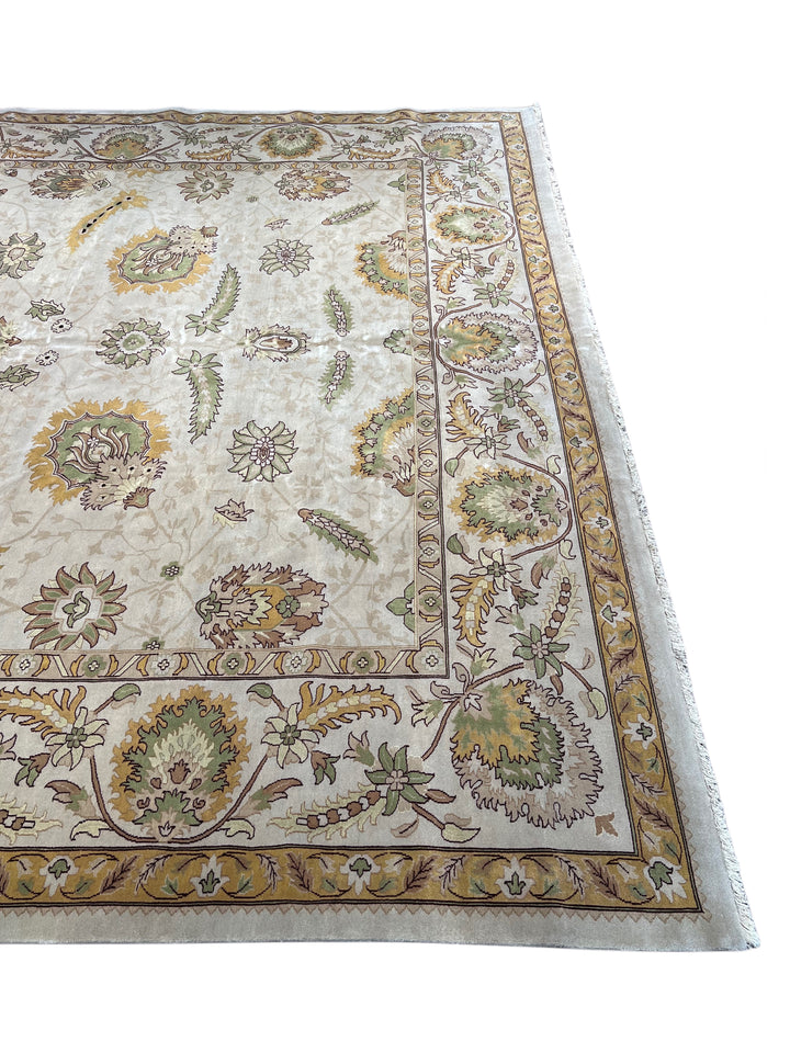Sage Marigold – Ivory, Sage &amp; Gold Agra Style Floral Rug | 12’4” × 17’8”
